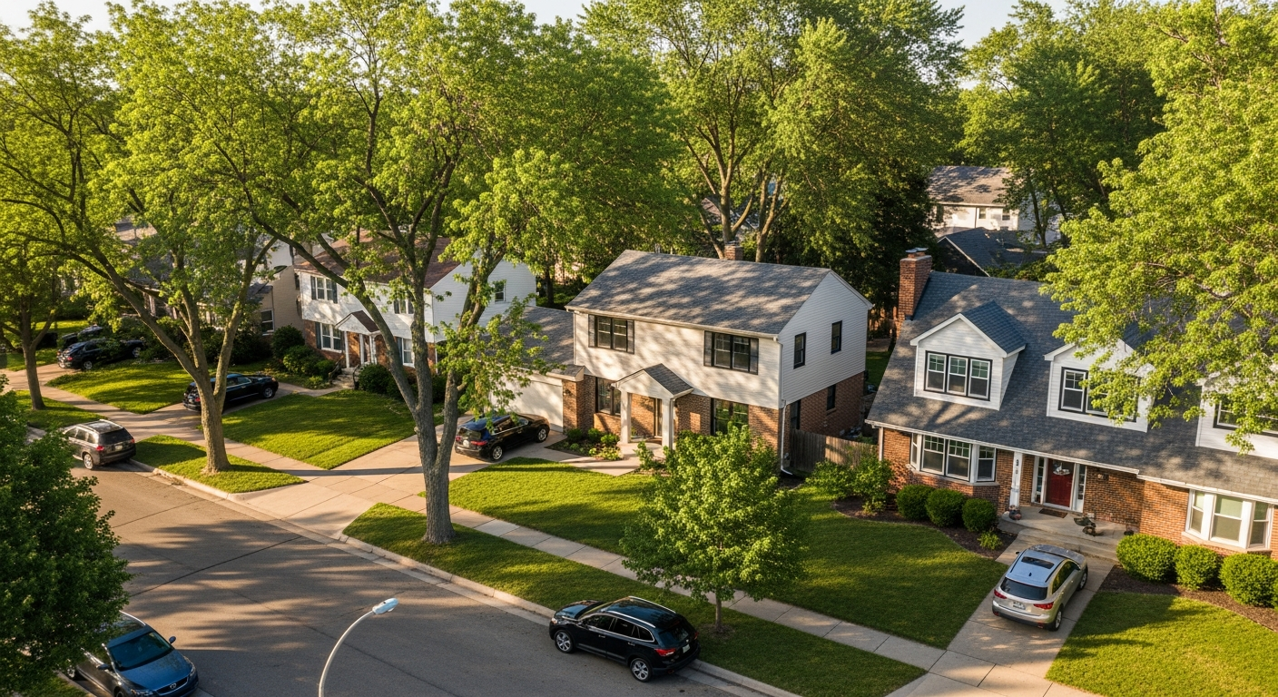 Aerial view of an Omaha Nebraska residential neighborhood with several homes showing newly installed black-frame replacement windows