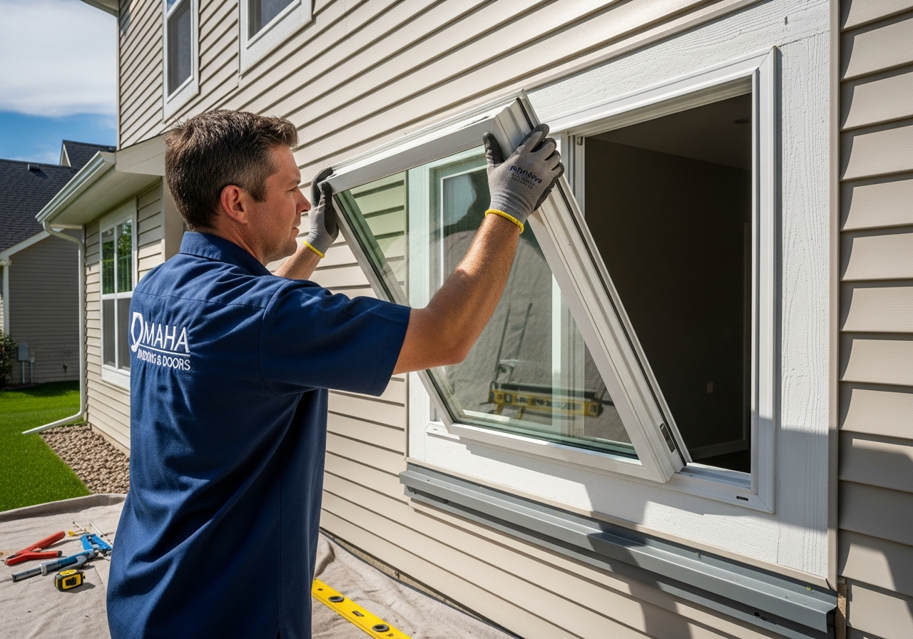 Omaha NE window installer setting a fiberglass replacement window into a freshly prepped opening on a residential exterior